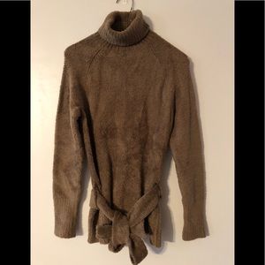 Plush belted turtleneck sweater